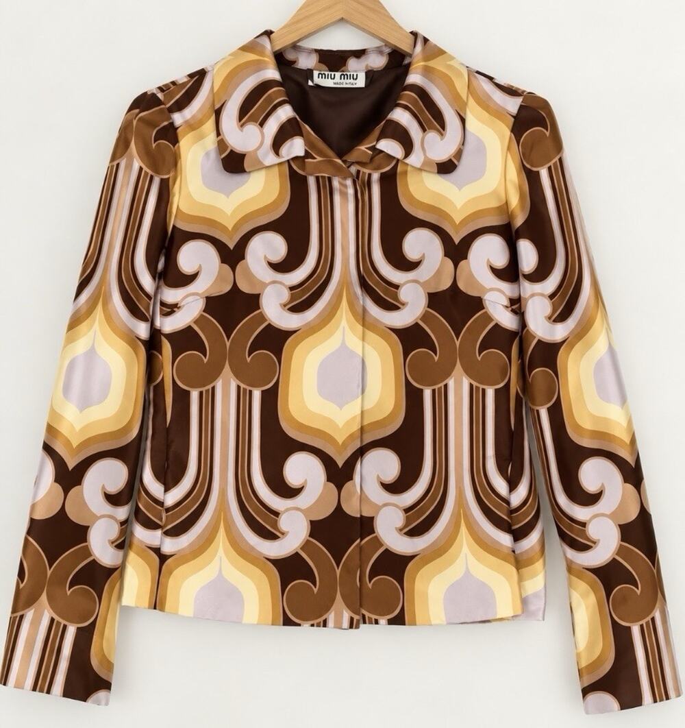 Miu Miu Made in Italy 100% Silk Retro Mod Geometric Print Blouse Shirt Size 40